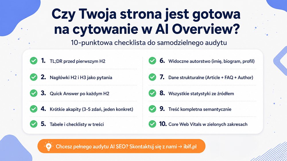 Checklista 10 punktów - czy Twoja strona jest gotowa na cytowanie w AI Overview - audyt AI SEO IBIF