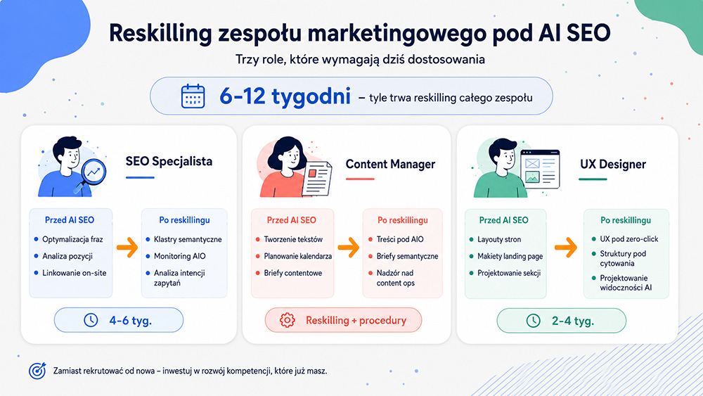 Reskilling zespołu marketingowego pod AI SEO - transformacja ról SEO Specjalisty, Content Managera i UX Designera w 6-12 tygodni