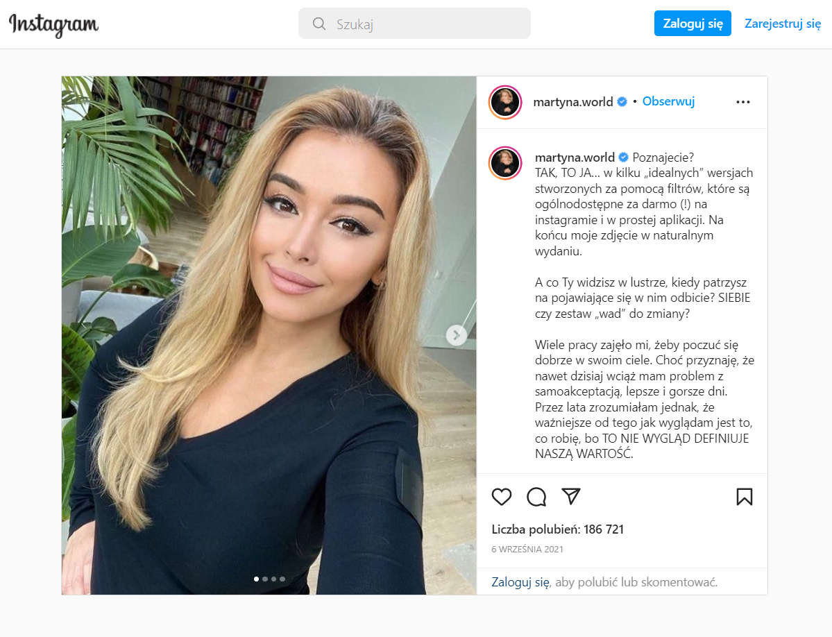 Martyna Wojciechowska publikuje na swoim Instagramie post, zwracający uwagę na problem filtrów w mediach społecznościowych