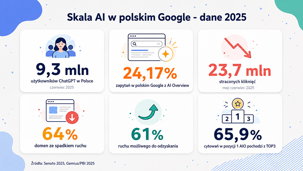 Skala AI Overview w polskim Google 2025 - 9,3 mln użytkowników ChatGPT, 24,17 procent zapytań z AI Overview - statystyki pozycjonowania w AI